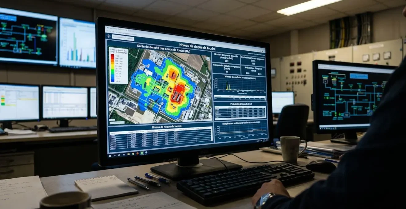 Industrial safety engineer reviewing lightning risk assessment data on multiple monitors in a control room
