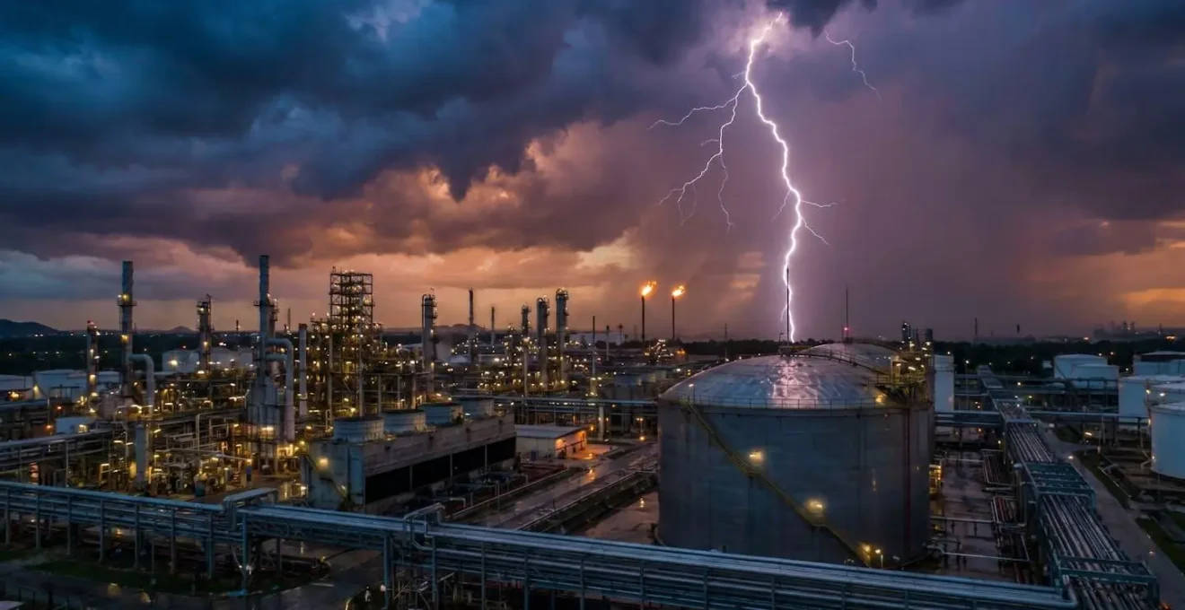 Aerial view of a large industrial facility at dusk with a visible lightning strike hitting a lightning rod above a storage tank