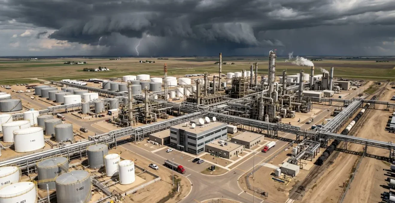 Aerial view of a large industrial facility with storage tanks and process units as a storm system approaches on the horizon