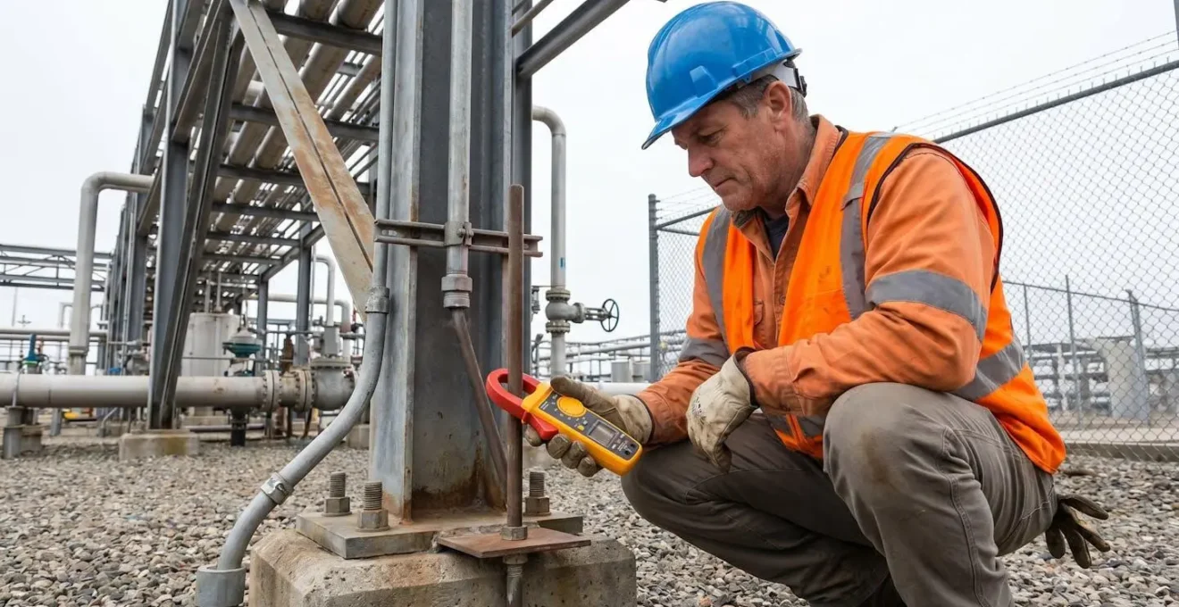A maintenance technician in PPE crouching beside a grounding test point on an outdoor pipe rack, holding a clamp-meter to measure earth resistance